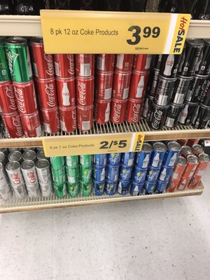 8 pks of 7 oz cans 2 for $5. they stocked up 6 cans per pack.