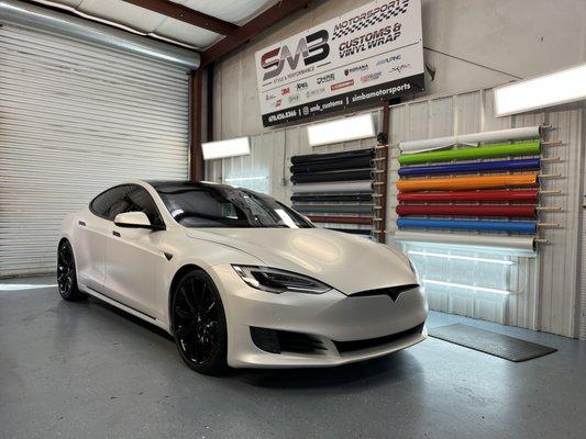 Tesla Model S in a Satin Pearl wrap.