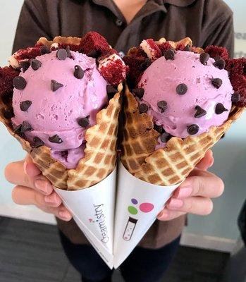 It's love at first bite! Try our limited-time Ruby Red Velvet Creation -- Ruby Cacao ice cream, red velvet cake and mini chocolate chips!