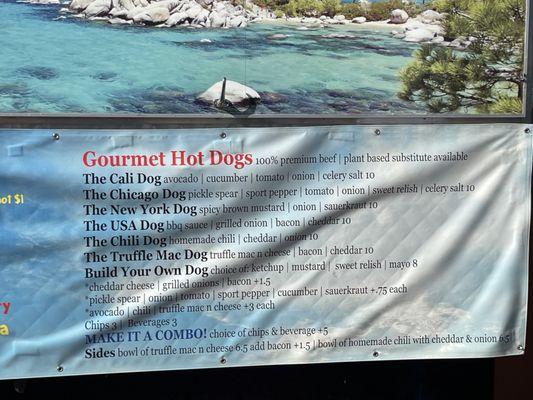 Gourmet Hot Dog menu