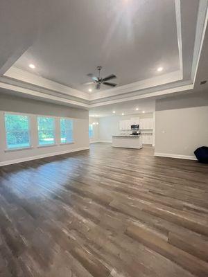 Tray ceilings in this large family room