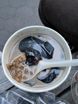 Grass Jelly 3 with taro balls, Mung Beans, and sago with half and half added