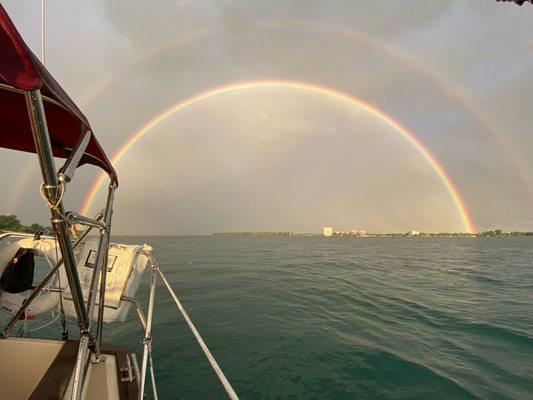 Mother Nature gracing us with a double rainbow starting on one side of the Detroit River and ending on the other side! Breathtaking!