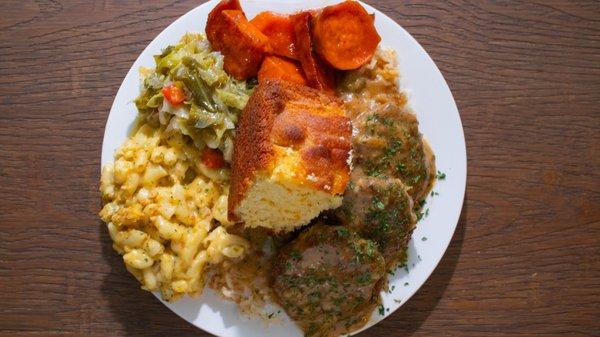 Meat Patty Soul food dinner! 
 Rice & gravy 
 Cabbage 
 Mac & cheese
 Candied yams 
 Cornbread