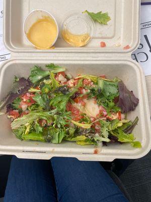 The salad, which has old mushy pieces, and you can see the liquid at the bottom and the "vinaigrette"