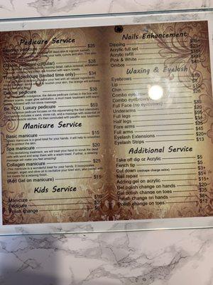 Service menu and prices