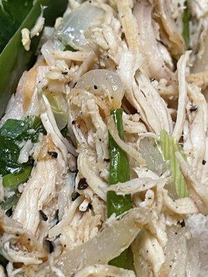 Caramelized onion intertwined with scallions and fresh tender shredded chicken