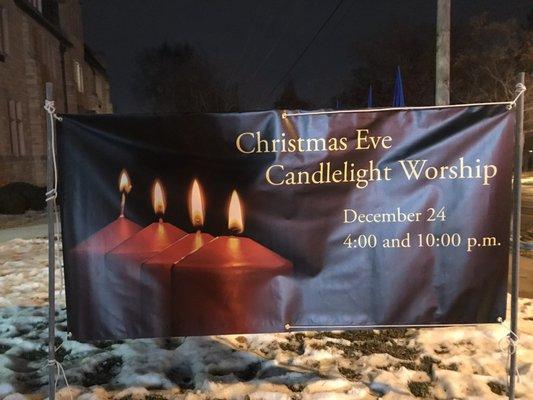 Our banner advertising Christmas Eve Worship OPEN TO EVERYONE