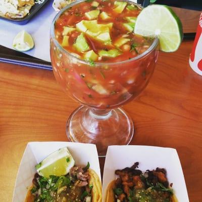 Shrimp cocktail and Carne Asada + Balbaco soft tacos