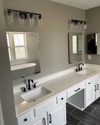 repainted vanity with quartz countertop