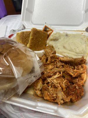 Shredded chicken, cornbread, mashed potatoes