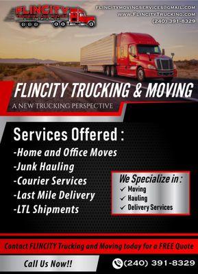 Flincity Trucking and Moving Promotional Flyer! Call us now or visit our website for a FREE QUOTE! Flincity, A new trucking Perspective.