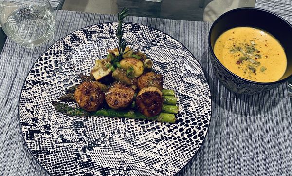 Seared Scallops and Butternut squash soup