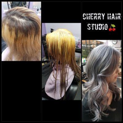 The first picture was done by another stylist. I was able to correct it and give her that icey silver she desired in one session!