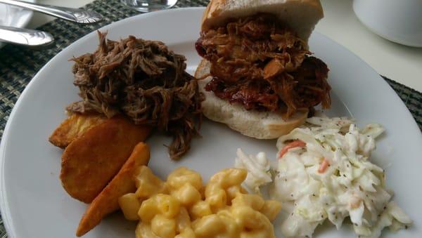 Wednesday BBQ Lunch Buffet samples: roast beef, BBQ pulled pork, mac-n-cheese, creamy cole slaw, seasoned potato wedges