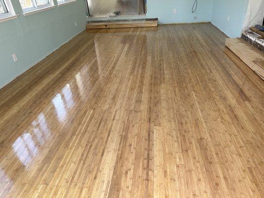 Refinish bamboo floor 
1 coat of umberseal by Bona
3 coats of Traffic HD.
Alameda CA.