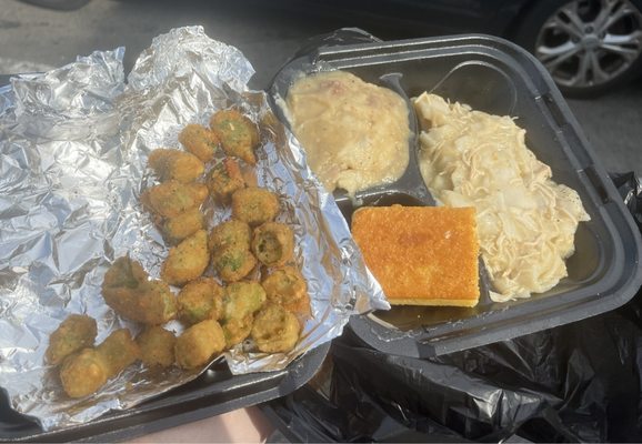 Fried Okra, Garlic Mashed Potatoes, Chicken and Dumplings, and Cornbread