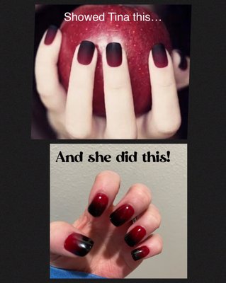 Ombré red to black powder dip natural nails.