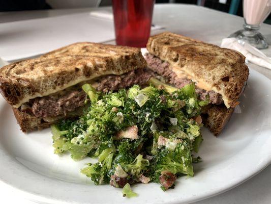 Perfect Patty Melt and good broccoli bacon slaw on the sides