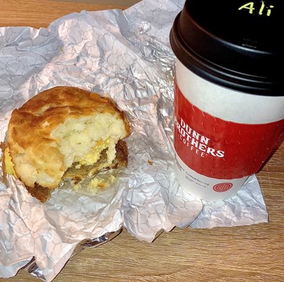 Sausage Cheddar Biscuit & Caramelized Almond Latte