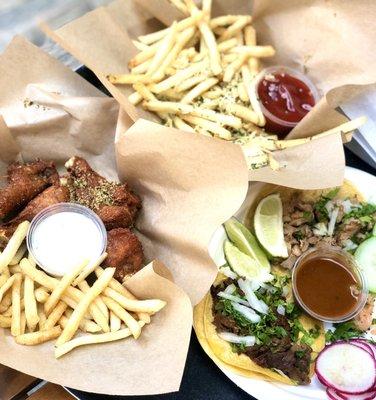 Chicken wings, tacos and fries- not bad!