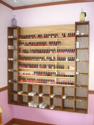 Custom-built Shelves to hold Clients' personal boxes. Pinkies N Toes will NOT share non-metal implements between clients.