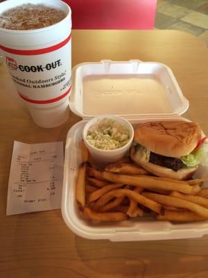 Reg burger with fries and slaw and large drink $5.55 with tax