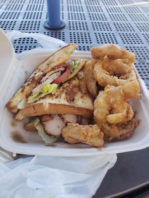 Turkey club and onion rings