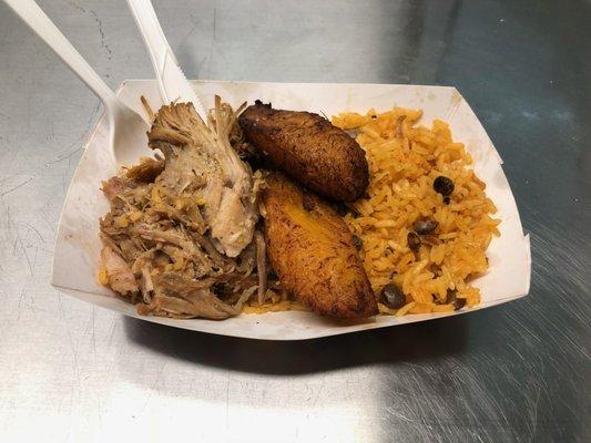 Pork, Rice with Pigeon peas and sweet plantain sampler