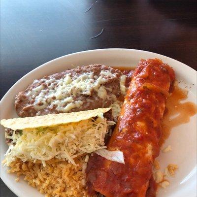 Taco , Burrito, rice and beans