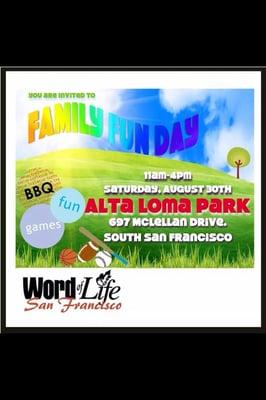 Join us for family fun day on Saturday August 30 from 11am to 4pm at Alta Loma Park SSF.