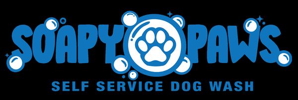 Blue and white logo of Soapy Paws with a paw in the middle, surrounded by bubbles.