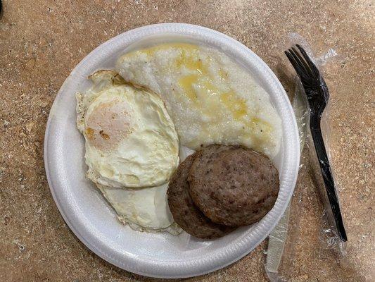 Perfect over-easy eggs, grits and sausage.  A real "stick to your ribs" way tho begin one's day!