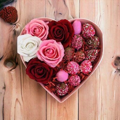 Heart box with roses and chocolate covered strawberries