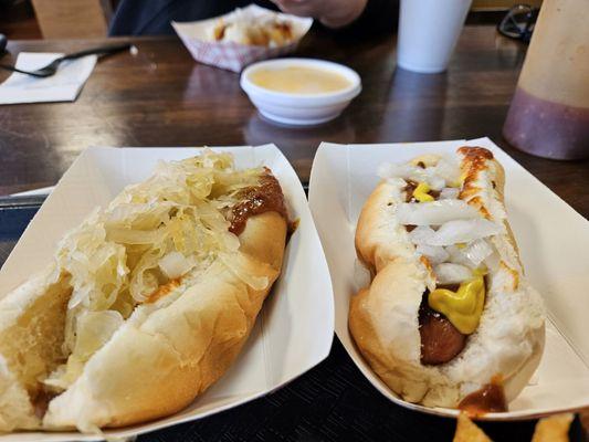 Chili dog with onions, mustard, kraut  Chili dog with onions and mustard