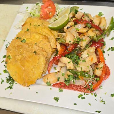 Breadfruit tostones with conch