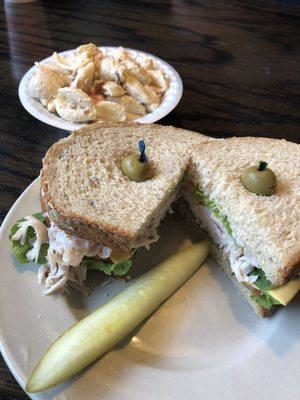 Turkey sandwich on multi grain bread with a some type of bacon ranch pasta salad that is our favorite!