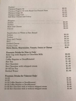 Clymer's lunch/ dinner menu