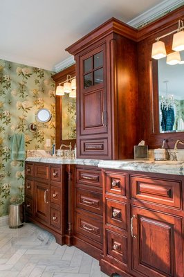 Our Westchester OG Door Style on this Cherry stained Mahogany Vanity