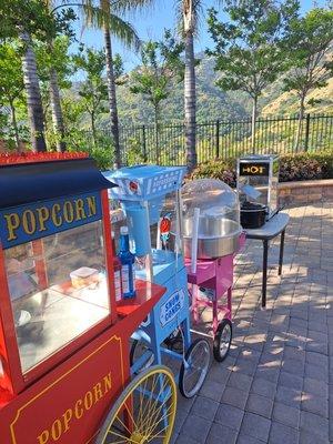 Popcorn, Cotton Candy, ice cone, Nachos, and hot dog machines.