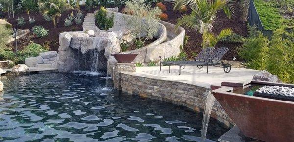 Bobe Copper Fire/Water features, swim in Grotto, 45 ft. polished concrete Waterslide