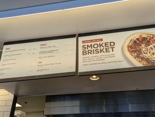 Inside. In-store menu as of Tuesday, September 10, 2024. Photo 2 of 2. Sides, Drinks, and Smoked Brisket (limited time only).