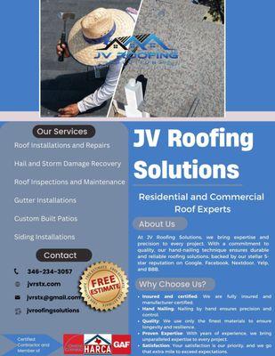 JV Roofing Solutions also providing services like Custom Built Patios, Gutter and Siding Installations