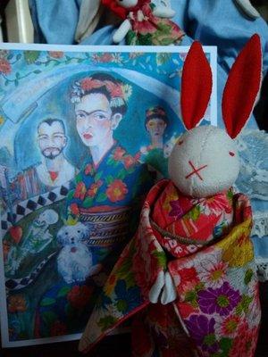 A mini rabbit in a kimono and a greeting card of one of my favorite paintings by her