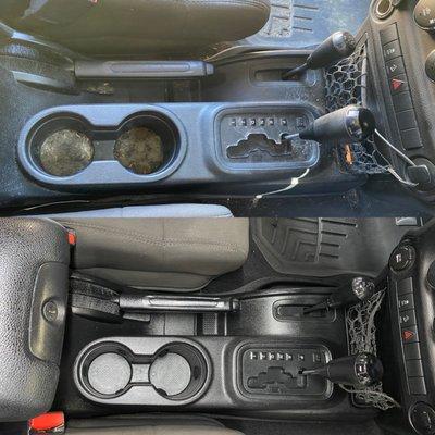 Before and after of a Jeep center console