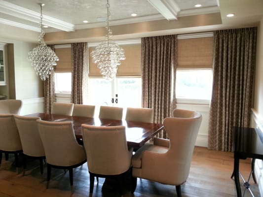 Dining room , flat Roman shades curtains, panels attached in pocket jacquard linen fabric