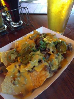 Steak nachos, part of the $10 meal deal (beer + nachos or hot dog and tacos) @ Shadow Puppet Brewery in Livermore