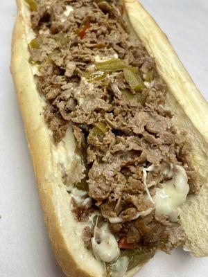 Our Pepper Steak Hoagie! 8 ounces of beef with peppers, onions and provolone cheese on baked fresh daily toasted bun.