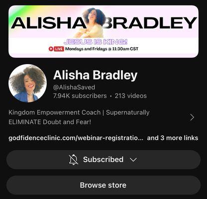 Check out Alisha on Youtube for motivation and uplifting! She goes live every Monday and Friday at 11:30am CST Find her @AlishaSaved