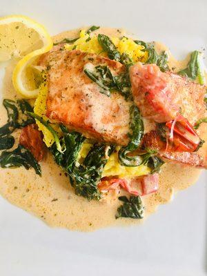 Tuscan Salmon Cream Sauce W/Saffron Jasmine Rice and Sautéed Spinach